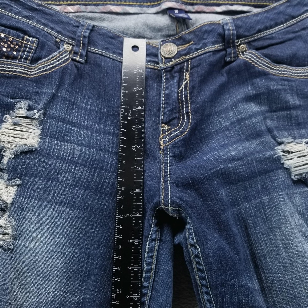 Amethyst Jeans Womens 16 Blue Bootcut Mid Rise Distressed Embroidered Studded - Picture 6 of 9